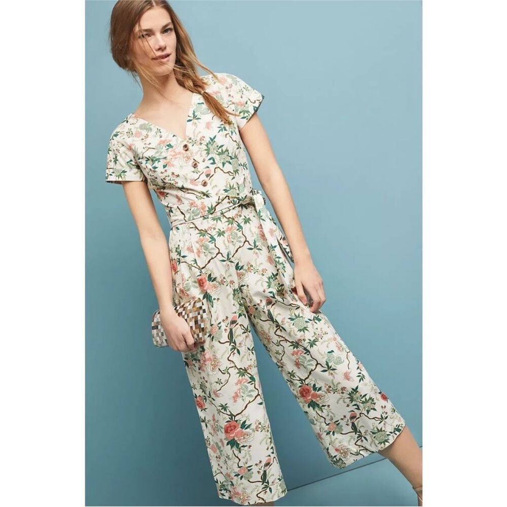 Gal Meets Glam Sophia Floral Short Sleeve Jumpsuit Green Pink Color Size 6